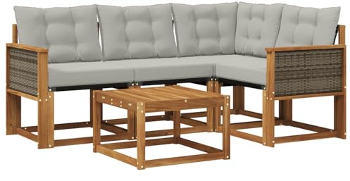 vidaXL Outdoor-Sofagarnitur mit Kissen 5 pcs Natürlich und Hellgrau, Garten-Sofa, Moderne Außenmöbel, langlebige Sitzgruppe, Bequeme Lounge, Akazien-Sitze, Entspannung im Garten