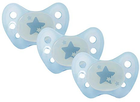 Dentistar® Night Silikon-Schnuller - Größe 1, von Geburt an, 0-6 Monate - Nacht-Leuchtschnuller, Nuckel leuchtend, für neugeborene Babys, Sterne blau - 3 Stück