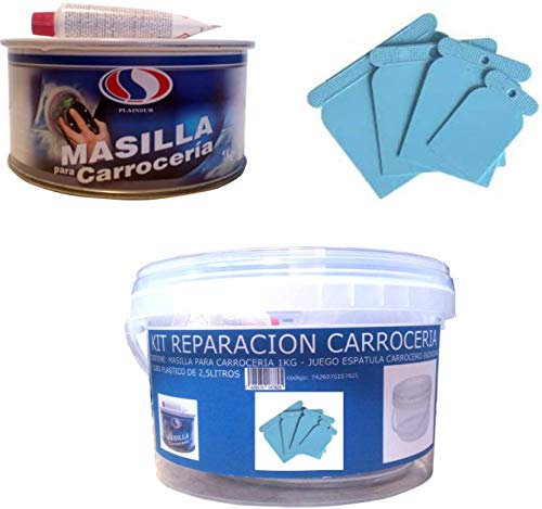 KIT REPARACION CARROCERIA (MASILLA PARA CARROCERÍA 1 KG + JUEGO ESPATULA CARROCERO PLASTICO + CUBO PLASTICO 2,5 LITROS) PLAIN+PLAST