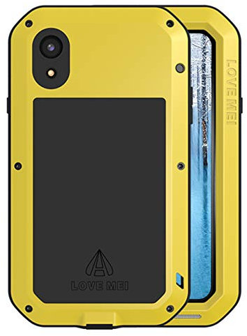 Full Body case for Apple iPhone XR, Liquid Silicone Rubber Outdoor Sports Shockproof Dust/Snow Proof, Heavy Duty Aluminum Metal Tempered Glass Cover Shell for iPhone Xr 6.1'' (Yellow)