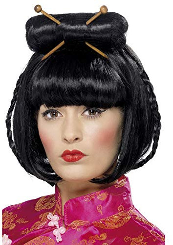 PARTY DISCOUNT® Perücke Asia mit Stäbchen, schwarz