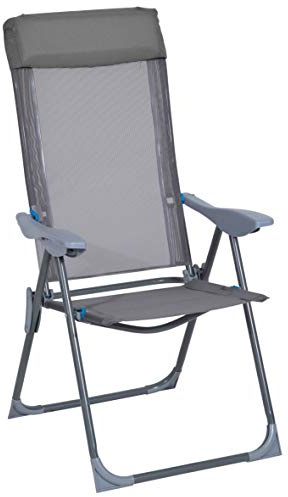 greemotion Klappstuhl Lido, Hochlehner Sessel mit Kopfpolster, klappbarer Campingstuhl mit 5-fach verstellbarer Rückenlehne, grau / blau