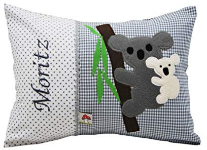 Glückspilz Namenskissen Babykissen I Koala I mit Namen personalisiert I Geschenk zu Geburt, Taufe oder Geburtstag I Grau I 40 x 60 cm