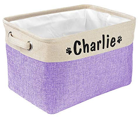 PET ARTIST Collapsible Dog Toy Storage Basket Bin with Personalized Pet's Name - Rectangular Storage Box Chest Organizer for Toys, Coats, Clothing (Purple, M:38cm*28cm*23cm)