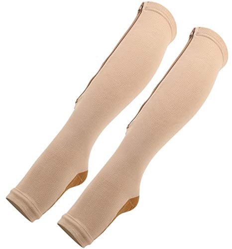Calze Elastiche per Vene Varicose,1 Paio Calze a Compressione con Cerniera sul Polpaccio con Compressione Graduata Medica,Elastico Confortevole,Colore della pelle + fondo rame(L/XL)