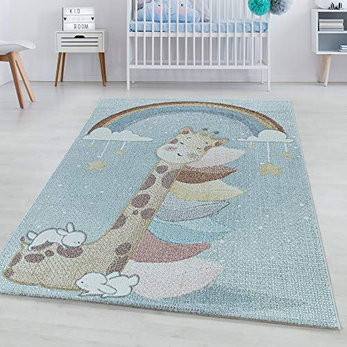 SIMPEX KinderTeppich, Giraffen-Design, Teppich Blau, 160 x 230 cm, Teppich für Kinder, Teppich Kinderzimmer
