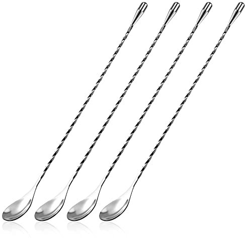Cuillère à Cocktail en Acier Inoxydable Cuillère de Bar à Long Manche Cuillères à Mélanger Motif en Spirale Agitateurs à Cocktail Professionnelles 30cm 4 Pièces (Argent)