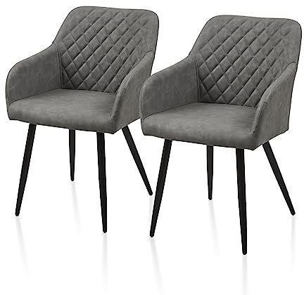 TUKAILAI Esszimmerstühle 2er Set aus Kunstleder, Modern Küchenstuhl Polsterstuhl Wohnzimmerstuhl Sessel mit Armlehnen Rückenlehne Metallbeinen, für Küche Esszimmer Wohnzimmer Lounge,Hellgrau