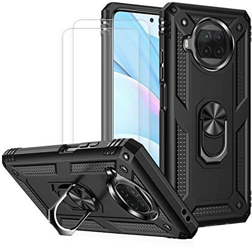 JOYTAG Hülle für Xiaomi Mi 10T Lite 5G Hülle，handyHülle+ Gehärtetes Glas Schutzfolie [2 Stück] Silikon TPU 360 Grad Drehring aus Halter magnetisch Autotelefon case-Schwarz