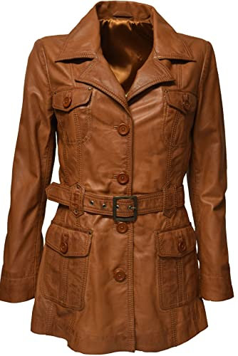 Zimmert Leather Damen Kurzmantel Ledermantel Übergang Weiches Lammnappa Sabina Gürtel mit Schnalle (42, Cognac)