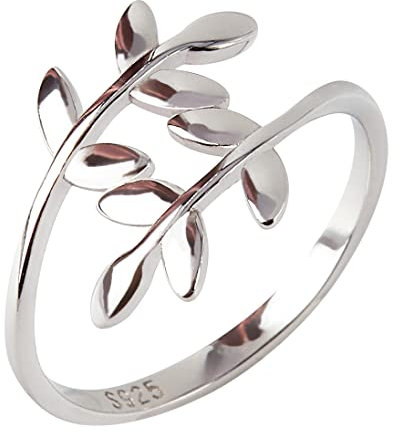 ELBLUVF Damen-Ring aus 925er Silber, mit Lorbeer-Olivenblatt, verstellbar, Größe wählbar, Sterling Silber