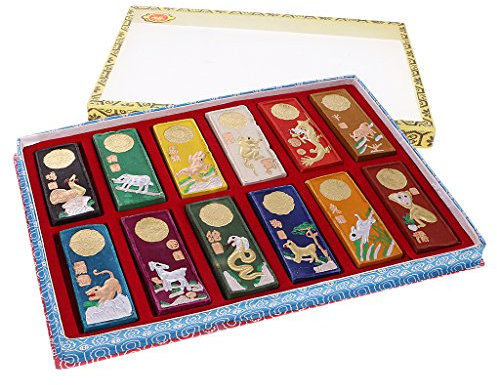 Asien Old 7 Colors Carved Zodiac Chinese Calligraphy Painting Ink Stick