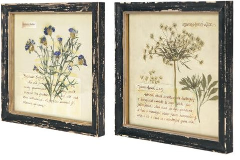 NIKKY HOME Vintage Framed Botanical Prints Set of 2 - 10x10 Inch Rustic Wood Floral Plant Pictures Wall Art for Bathroom Bedroom Living Room Office