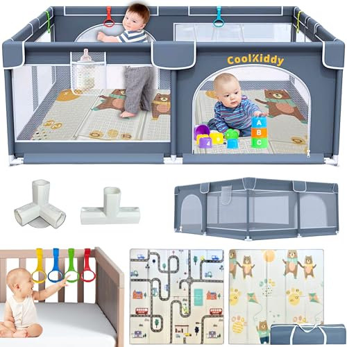 CoolKiddy - Parque Infantil Bebe 120x120 + Alfombra de Juegos Gruesa + 4 Agarraderas + Bolsa De Guardado y Transporte + Piezas Extras - Corralito Bebe es Ideal Para Que Pueda Gatear Con Seguridad