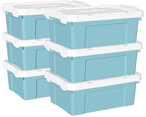 Cetomo 15L*6 Storage Boxes, Carry Plastic Storage Box with Lids, Organizing Container with Handle and Secure Latching Buckles, Stackable, Nestable, Tote Bin for Home Office Clothes, 15L-6Pack, Blue