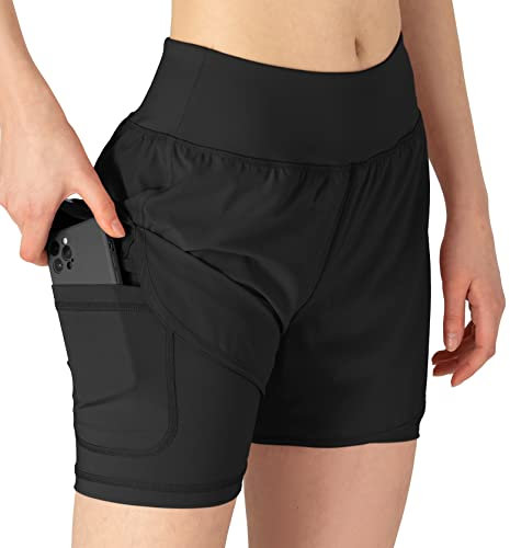 YSENTO Damen Sport Shorts Sommer 2 in 1 Kurze Sport Training Jogging Fitness Lauf Yoga Hose Schnelltrocknende mit Tasche(schwarz,S)