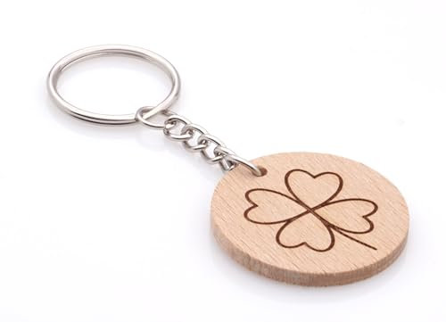 Festland DESIGN® Schlüsselanhänger Holz rund mit Gravur Kleeblatt als Glücksbringer Taufe Prüfung Geschenk für Freunde Familie Partner Schlüssel Anhänger