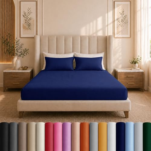 Moonlight Bedding Super King Fitted Sheet Navy - Premium 25cm Deep Pocket Fitted Bed Sheets – Soft Brushed Microfiber & Wrinkle Free Fitted Bottom Sheet Fad Resistant Bed Sheet (180 x 200 Cm)