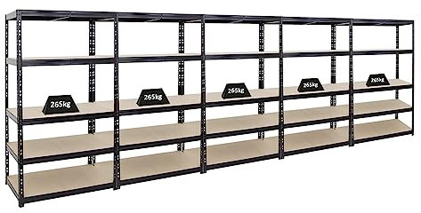 PROREGAL Mega Deal | 5X Schwerlastregal Tiger | HxBxT 180x100x60cm | Fachlast 265kg | Schwarz | Garagenregal, Lagerregal, Steckregal, Kellerregal