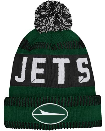 NFL Mütze für Kinder, Jugendliche 8–20, Einheitsgröße, Team-Farbe, Primär-Logo, offizielles Sport-Tech-Strick, kaltes Wetter, Fußball-Bommelmütze, New York Jets, Einheitsgröße