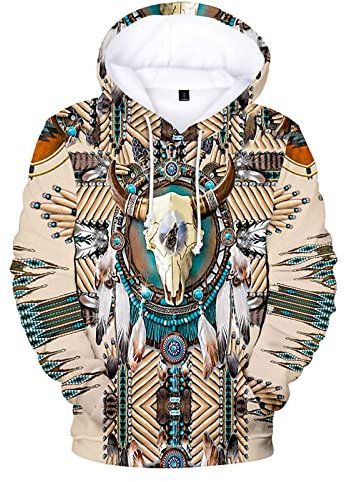 WENKOMG1 Felpa con cappuccio da uomo con stampa etnica a maniche lunghe, per inverno e autunno, stile indiano, stile nativo, Verde militare, 5X-Large