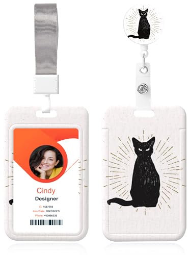 Lanyards for Id Badges, Hand Drawn Black Cat Lanyards for ID Badges with Badge Reel Retractable, Lanyard with ID Holder Keychain Clip ID Card Holder for Teacher Women Nurse Work Office