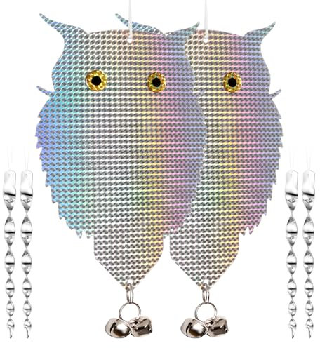 OFFO Owl Decoy for Pigeon Deterrent Hanging Outdoors Reflective Plastic Owls to Scare Pigeons to Keep Birds Away on Gardens with Bells 2 Pcs+4 Rods