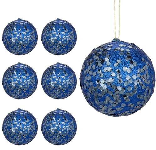 Hollyone 10CM Glittery Large Baubles, 6PCS Dark Blue Christmas Tree Decorations, Hanging Ornaments with Sequins, Giant Xmas Balls for Party, Wedding, Centerpiece, Tree Decor