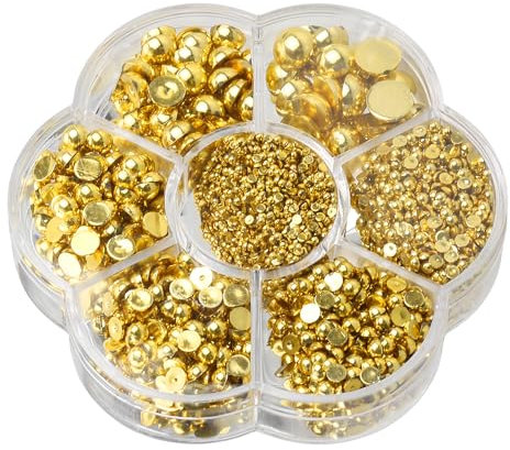 Rumyve 5600 Pcs Half Round Pearls Beads,7 Sizes Flatback Imitation Pearls Satin Luster for Nail Craft Scrapbook DIY Art Necklaces Bracelets Earrings Jewelry Decoration Making Supplies(Gold)