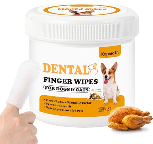 Kopmath Teeth Cleaning Finger Wipes, Dog Dental Wipes, Reduce Plaque & Tartar, Freshen Breath, Safe & Natural Pet Dental Wipes for Dogs Teeth, Portable Dog Tooth Wipes for Cats,50 Ct, Chicken Scent