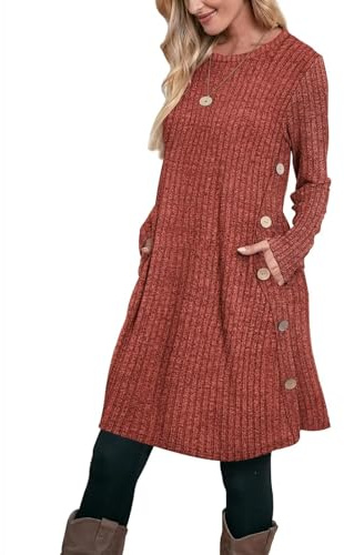 Aokosor Strickkleid Damen Langarm Kleider Pulloverkleid für Damen Tunika Kleid Winterkleid mit Knöpfen und Taschen