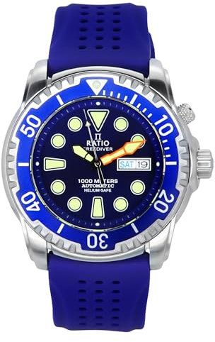 RATIO FreeDiver Heliumsichere Taucheruhr Mit Saphirglas - Automatisch, 1000M Wasserdicht für Herren, Blau, Klassisch