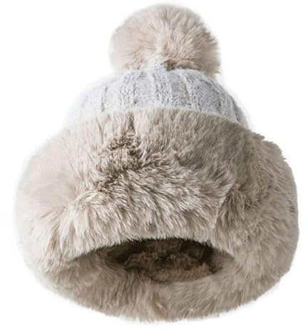 Jeorywoet Frauen Faux Fell Hut warm gestrickte Mütze russische ethnische Wickelhut mit Pom Beige, Outdoor -Hut