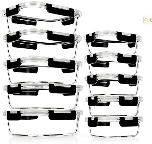 Glass Containers with Lids, 10 Pack Airtight Glass Meal Prep Containers, Glass Food Storage Containers, Reusable, Stackable, Microwave, Oven, Freezer and Dishwasher, 1050ml & 370ml (Black)
