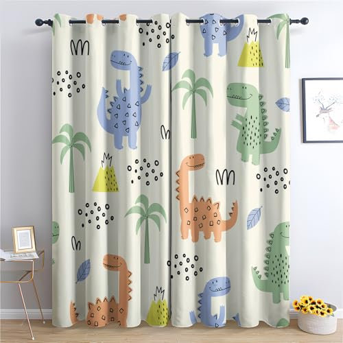 Generisch Vorhänge Dinosaurier - Kinder Cartoon Dino Fenster Gardinen mit Ösen, Vorhang Blickdicht Verdunklungsvorhänge Thermovorhang für Wohnzimmer Schlafzimmer Deko 2er Set, H 166 x B 75 cm U-#126