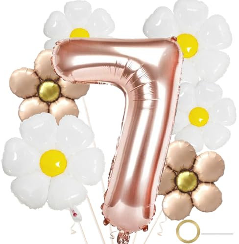 DazzJoy Geburtstagsdeko für Mädchen 7 Jahre - Gänseblümchen Folienballon, Luftballons, Riesen Folienballon 7 Rosegold, Deko für 7. Geburtstag
