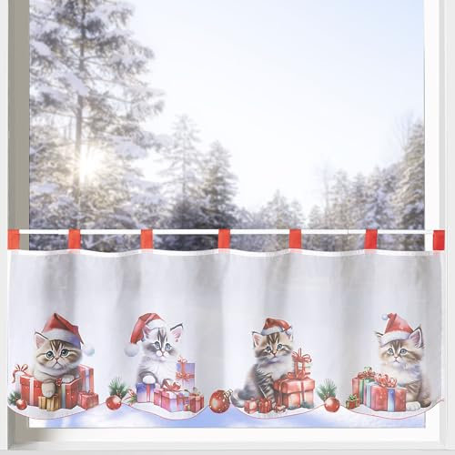 heimtexland ® Tenda decorativa per finestra natalizia, in voile, con stampa, trasparente, bianco, rosso, 45 x 120 cm