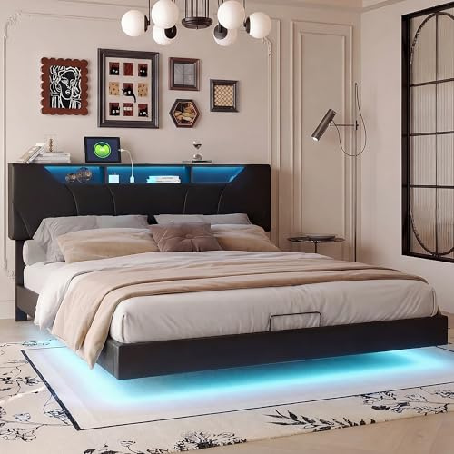 DADEA Boxspringbett 140x200 mit LED und USB, Polsterbett mit Bettkasten, Jugendbett 140x200 mit Bettkasten Boxspringbett mit Stauraum Doppelbett mit Kopfteil Bed with Storage Stauraumbett mit LED