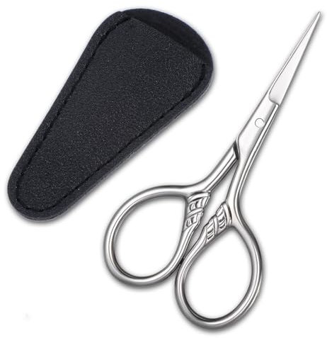 Teaaha Kleine Schere, 9 x 4,4 cm Kleine Gesichtshaarschere Edelstahl Schere mit Lederscheide, Präzisionsschere für Augenbrauen, Bart, Nase, Nähen, Sticken, Basteln, Silber