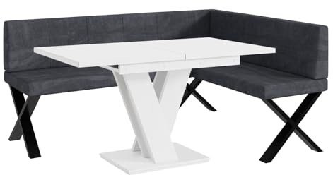 MEBLINI Eckbank für Esszimmer mit ausziehbarem Tisch - Küchenbank - Essecke - Sitzecke Küche - Peter - X-Beine 128x168x87cm Rechts - Dunkelgrau Samt/M Weiß Matt