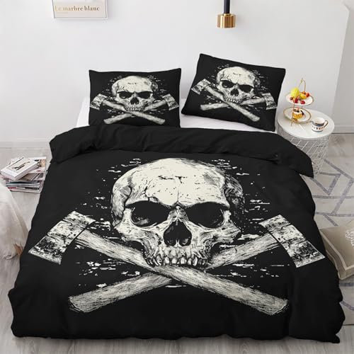 Bettwäsche 155x220 Totenkopf - Gothic Skelett Bettbezug 155x220 3 Teilig - Wendebettwäsche & 2 Kissenbezug 80x80 cm - Weiche Mikrofaser Bettwäsche-sets mit Reißverschluss - Schlafzimmer Bett Deko