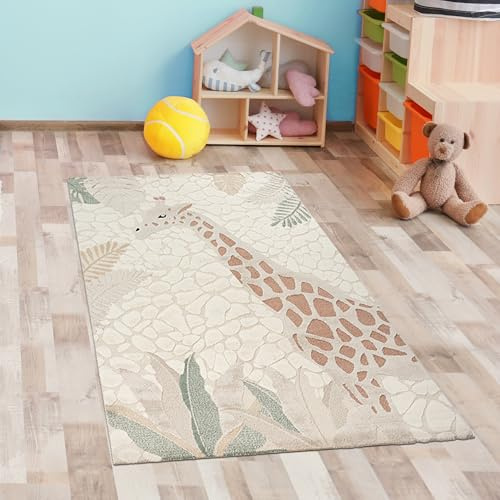 CARPETIA Teppich Läuferteppich flauschig pflegeleicht strapazierfähig Giraffe Natur Creme grün, 80 x 150 cm
