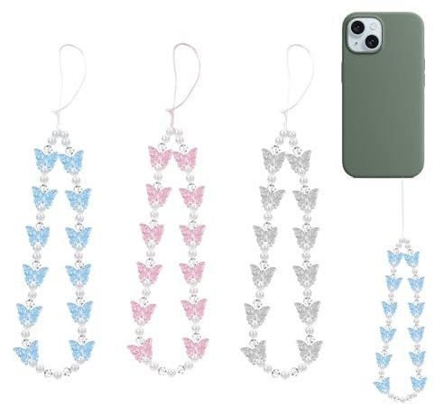 3 PCS Phone Charm Strap, Butterflies Beaded Phone Charm Wrist Strap Cell Phone Pearl Lanyard Wrist Straps Cute Wrist Phone Bracelet Mobile Phone Case Charms Beaded Chain Keychain for Women Girl