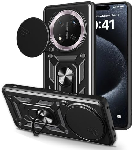 Loyhee Hülle für Honor Magic 7 Lite 5G (6.78), Kameraschutz Handyhülle mit 360 Grad Ring Ständer Weich TPU Bumper Stoßfest + Hart PC Rückseite Kratzfest Tough Armor Schutzhülle - Schwarz