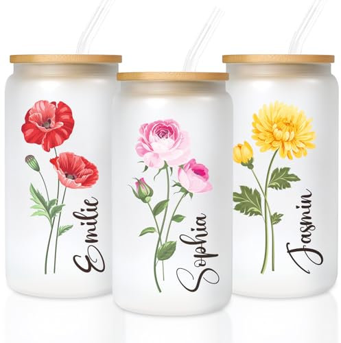 Gobelets en verre personnalisés avec couvercles et pailles, 473,6 g – Tasse avec signe de naissance – Cadeau personnalisé pour femme, anniversaire, maman, enseignante, demoiselles d'honneur
