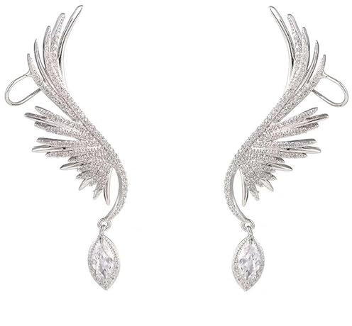 Engelflügel Ohrringe Federohrringe-Silber Engel Flügel Hohle Ohrclip Wasser Diamant Ohr Knochen Clip Silber Ohr Crawler Ohrring Schmuck Für Frauen Und Mädchen