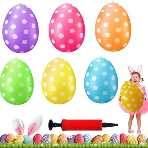 6 globos inflables de huevos de Pascua con bomba de aire, 40 cm de largo, decoración de huevos de Pascua, para interior y exterior, enormes decoraciones para escaparates, jardín, fiestas