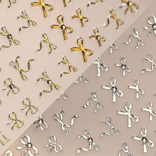 Nail Art Stickers Bows, 2 Sheet Self Adhesive Bow Nail Stickers with Gems,Gold Silver Bow Tie Nail Decals for Women Girls Christmas Valentine's Day Nail Art Decorations Accessories