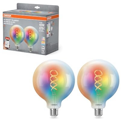 Osram SMART+ RGB Filament Globe Lampe mit Matter over Wifi, Vorteilspack mit 2 Stück, E27-Sockel, 5W, 16 Mio RGB-Farben, warmweiß-tageslichtweiß (2700-6500K), funktioniert mit Alexa, Google und Apple