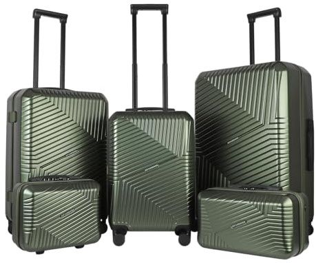 JLY Swirf 5 Piece Lightweight Luggage Set Hunter Green – Travel Makeup Case, Shoulder Travel Bag, Spinner Carry-On & Two Checked Suitcases for Long Trips